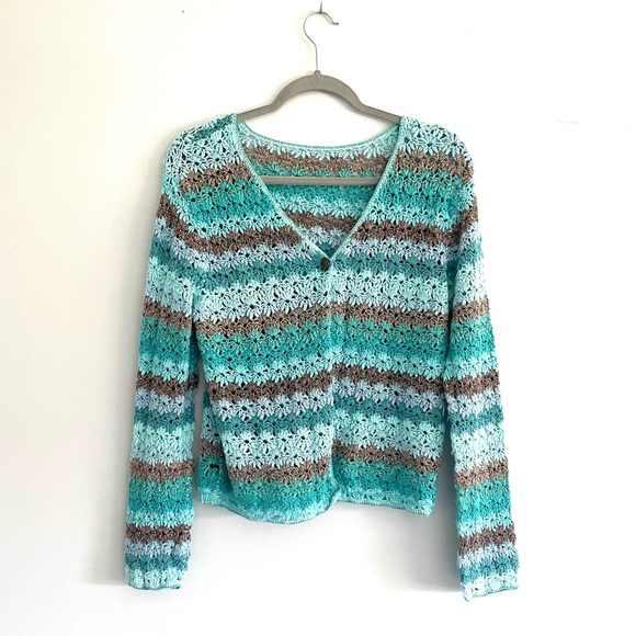 J. Jill Sweaters - J. Jill Linen Blend Hand Crochet Blue Open Sweater